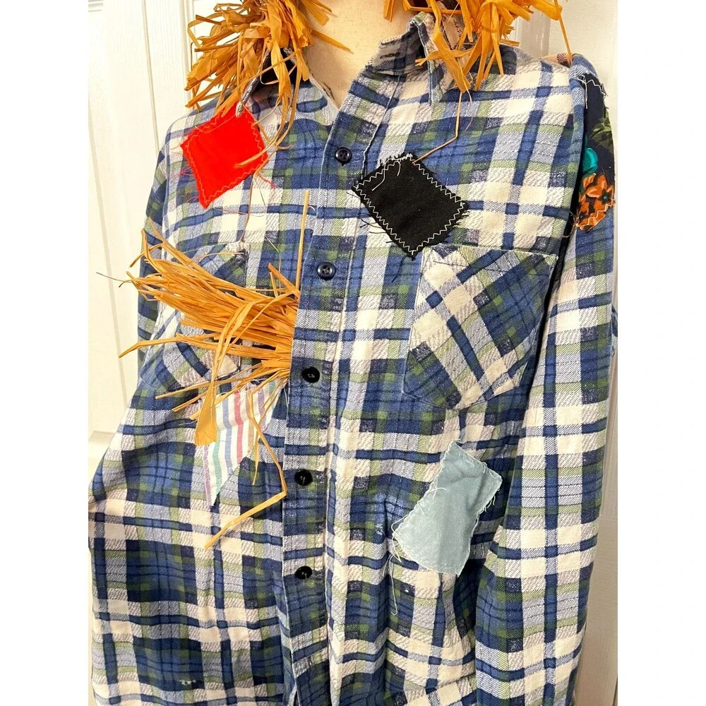 Vtg Handmade Scarecrow Costume Adult M/L Halloween USA Denim Patchwork Straw Hat